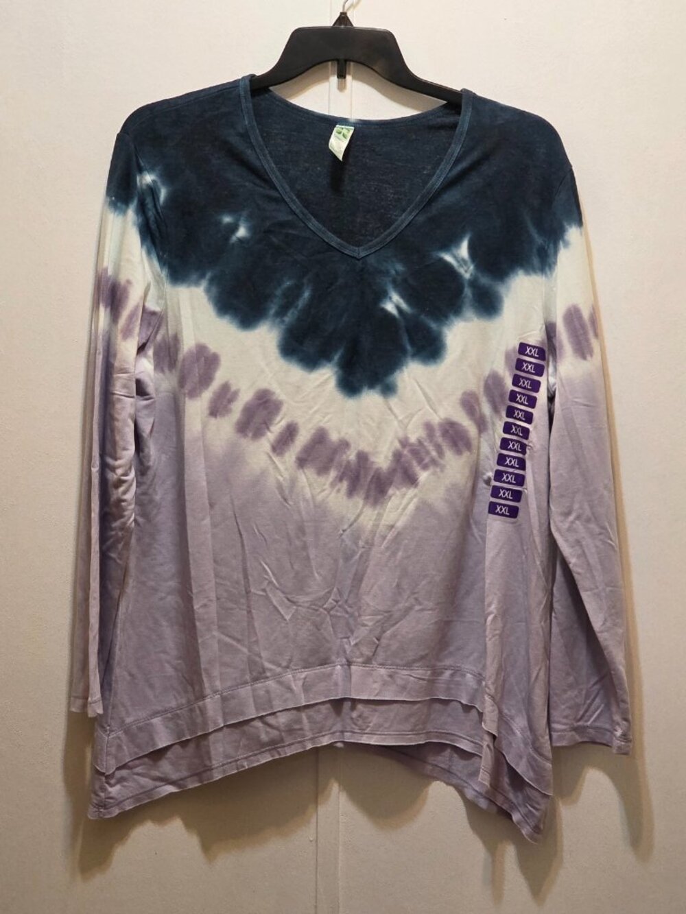 Green Tea Blue White Purple Tie Dyed L/S Top V-Neck Pullover XXL New